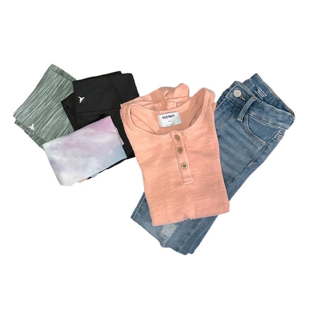 Old Navy Girls 5-Piece Bundle Jeans, Leggings,Romper, Sports Bra Size 6/7